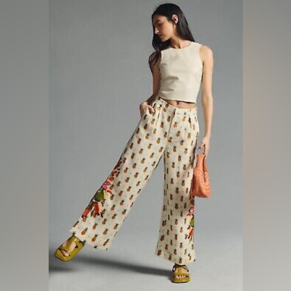 New Farm Rio x Anthropologie Linen Pineapple Resort Pants Trousers sz S - Picture 2 of 8